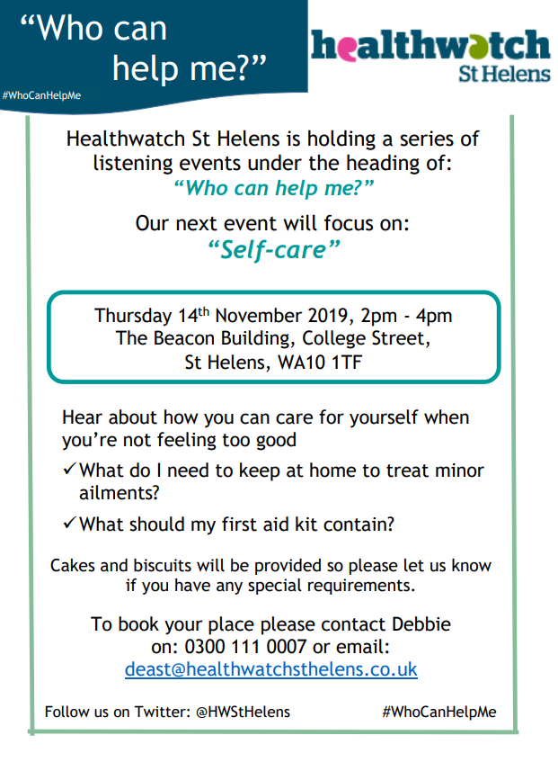 HWStHelens's tweet photo. Come and join us on Thursday, have some cakes and biscuits and talk to us about self-care, what you need to have in your first aid kit and how you can treat minor ailments for much less than you think. Pick up some freebies too.
#WhoCanHelpMe https://t.co/M6Myrci4Tn