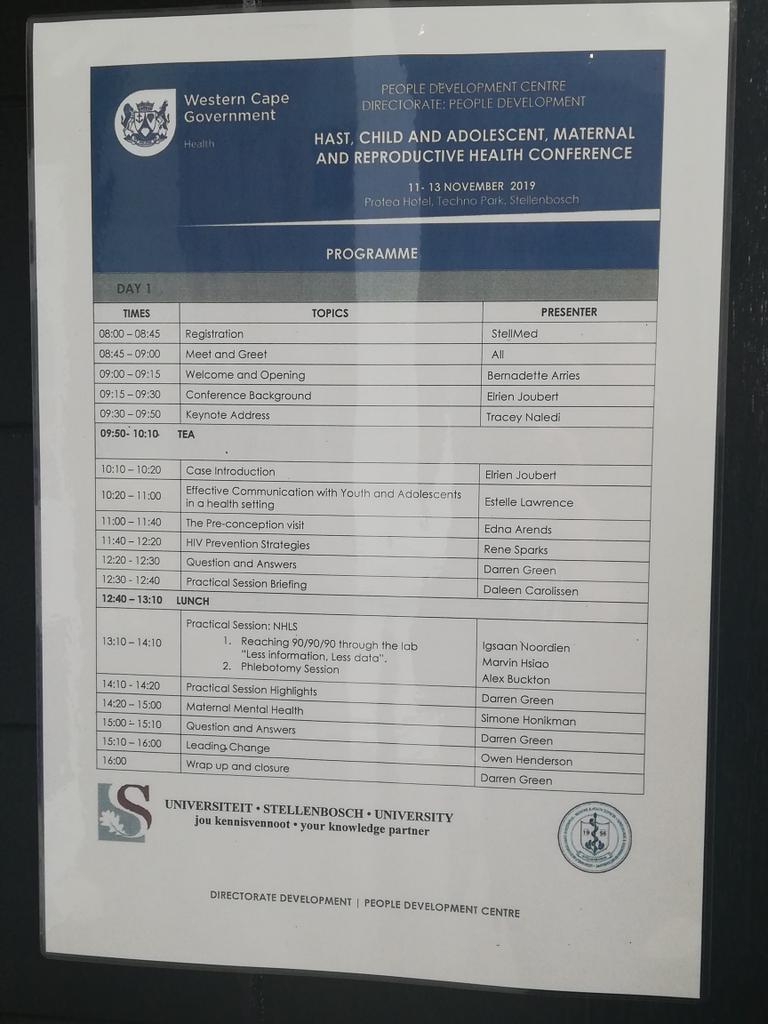 rene_sparks's tweet photo. #HIC2019 programme at Protea Hotel, Techno Park, Stellenbosch #HIVprevention #Integratedcare https://t.co/P0MBC52rdj