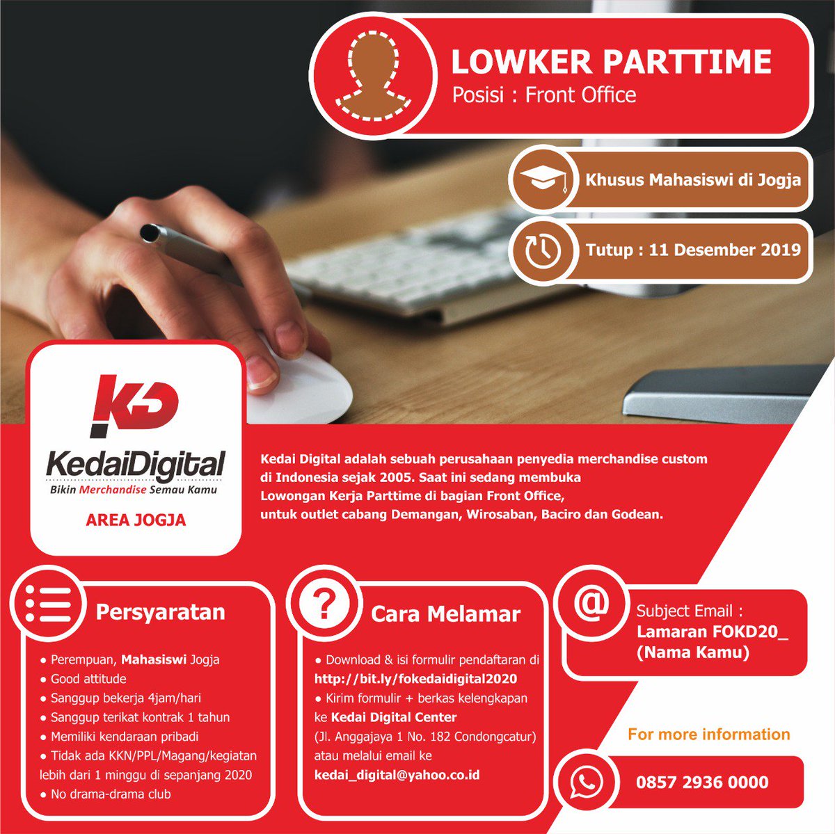 Front Office | Parttime 4jam | Mahasiswi Jogja, kontrak 1 tahun, bebas pkl/kkn/magang di 2020, no drama | Berlaku s/d 11 Des 2019 | <a href="/diiklanin/">di IKLAN in</a>