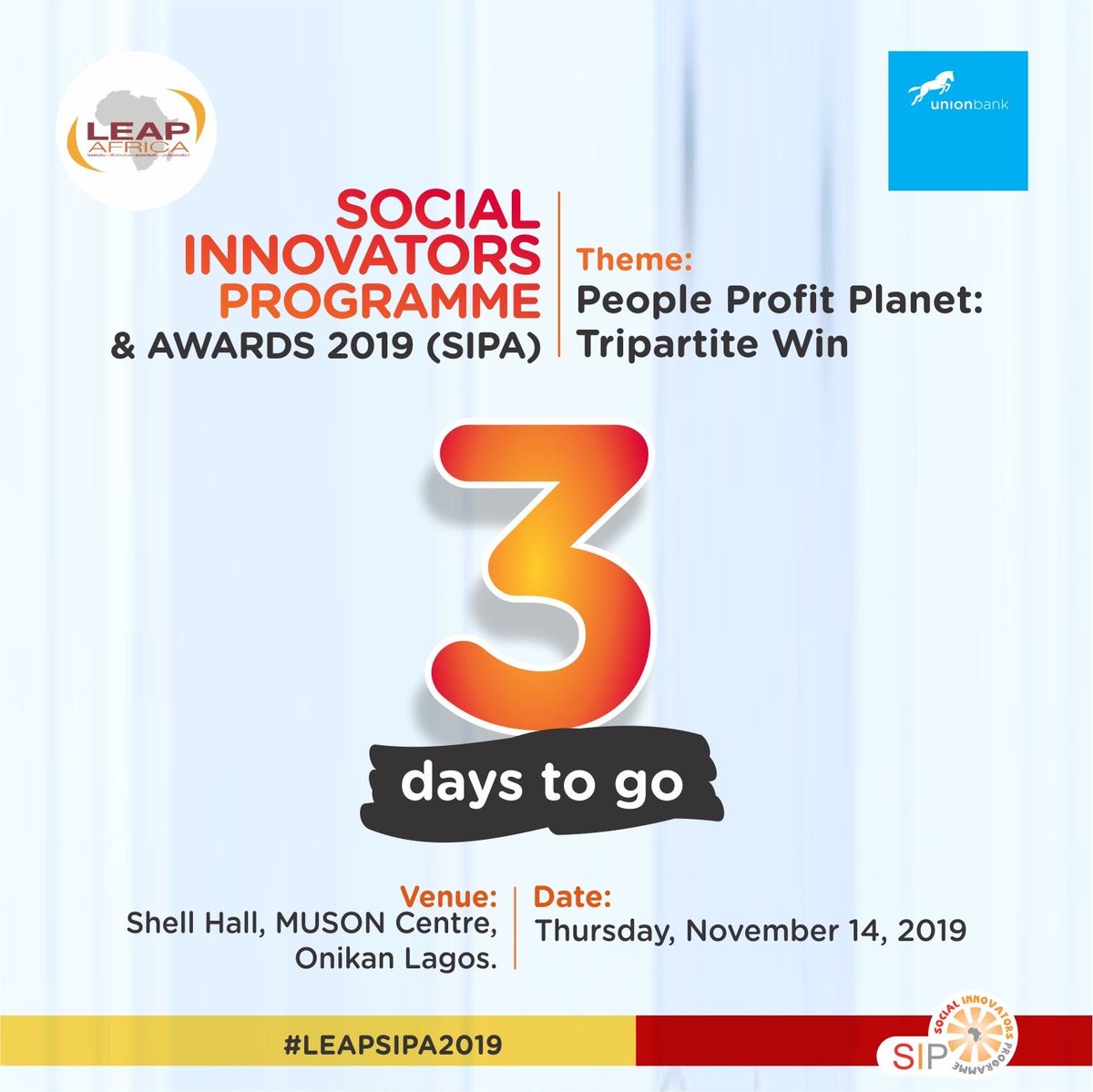 Attendance is FREE! 
Union Bank is our Flagship Sponsor⠀⠀
⠀⠀
Register to attend by clicking on link in bio .... ⠀
⠀
#peopleprofitplanet #socialdevelopment #sipa2019⠀
#socialinnovation
