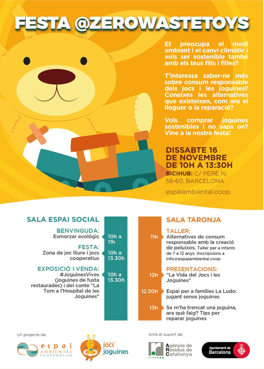 EspaiAmbiental's tweet photo. 🧸🎲RECORDA! Aquest dissabte!
[#AgendaESS 16/11] Vine a la festa @zerowastetoys
al BiciHub amb l’objectiu de generar reflexió al voltant de l’ús i consum de les joguines

⏰10h-13.30h
📍C/Pere IV, 58-60 (Bcn)
🖱https://t.co/OEoJUyS9Bq https://t.co/FG0vx9SZF1