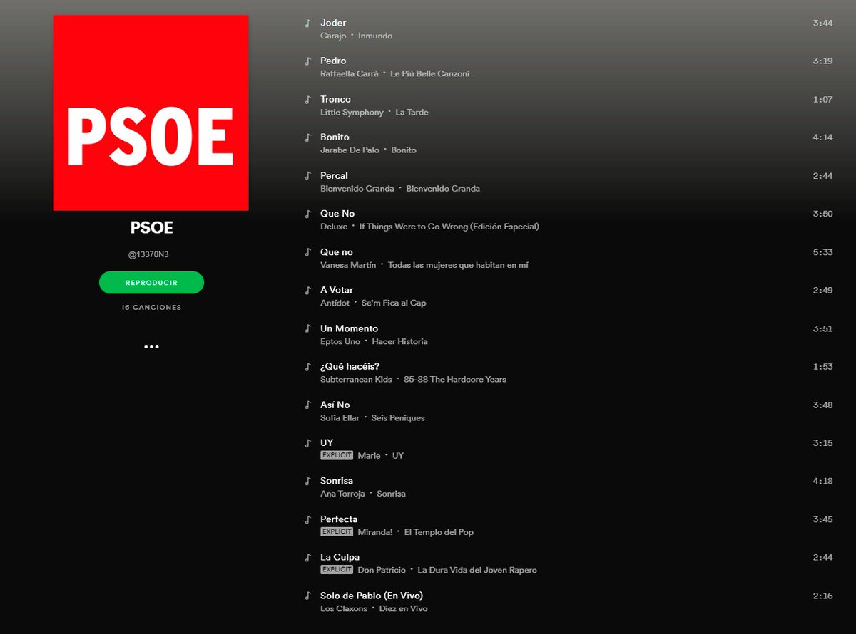 13370N3's tweet photo. He hecho unas playlists postelectorales. https://t.co/zImrTDt0Qf