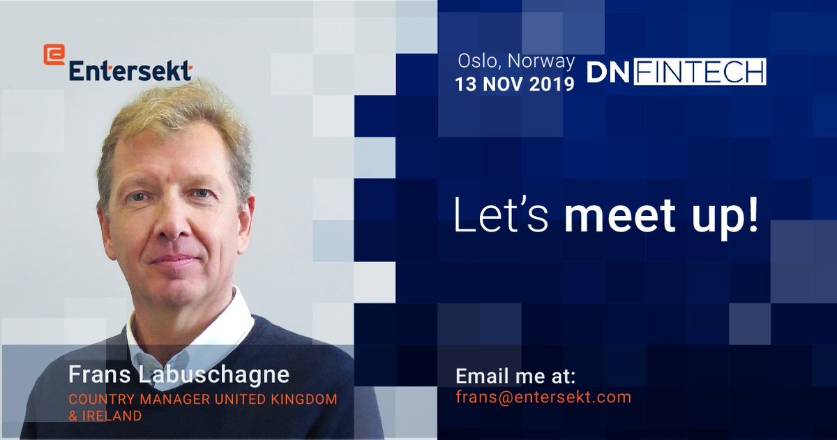 Entersekt's tweet image. Come visit our stand at this year&apos;s DN Fintech event in Oslo! For more information, click here: bit.ly/36Pgkvj or reach out to Frans Labuschagne, Simon Rodway, John Anders Hoel or Vegard Finstad. See you there!
#DNFintech #digitalbanking