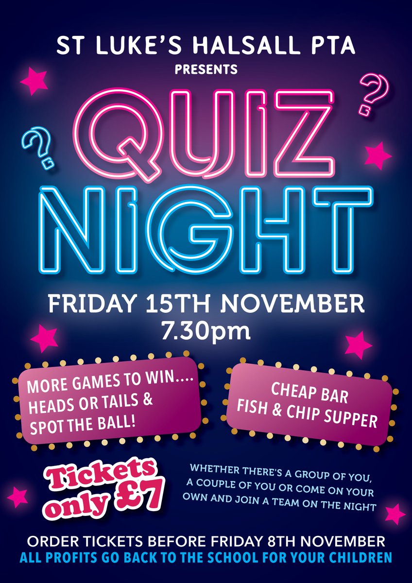There has been a brilliant response to people buying tickets for Friday's quiz, thanks to everyone who has ordered already.

We have been asked by a few parents can they drop their orders in a little later, so we have extended the date until tomorrow to order tickets.

Thanks