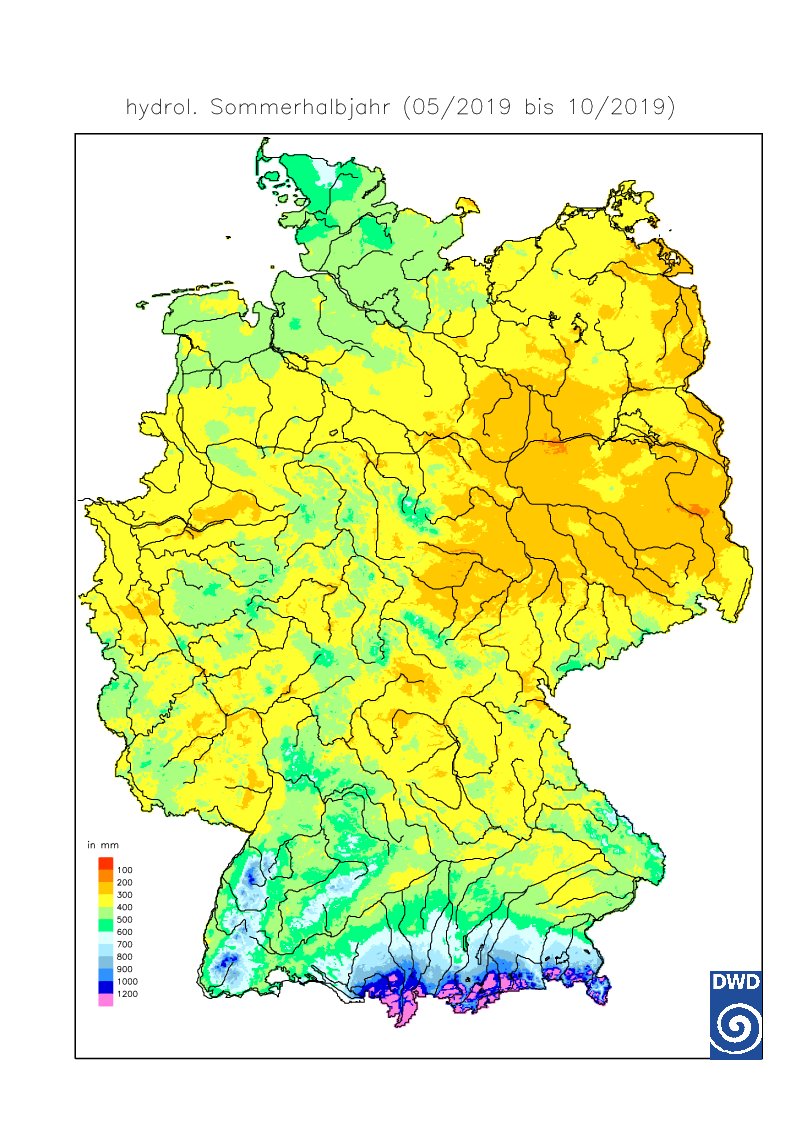 DWD_klima's tweet photo. Nun ist auch für die #Hydrologen der #Sommer zu Ende - #Rückblick auf das hydrologische #Sommerhalbjahr 2019: im #Norden und #Süden
überdurchschnittliche Mengen (blau), in der #Mitte unterdurchschnittlich
(#Referenz 1961-1990) https://t.co/bwdUNHtKKk
