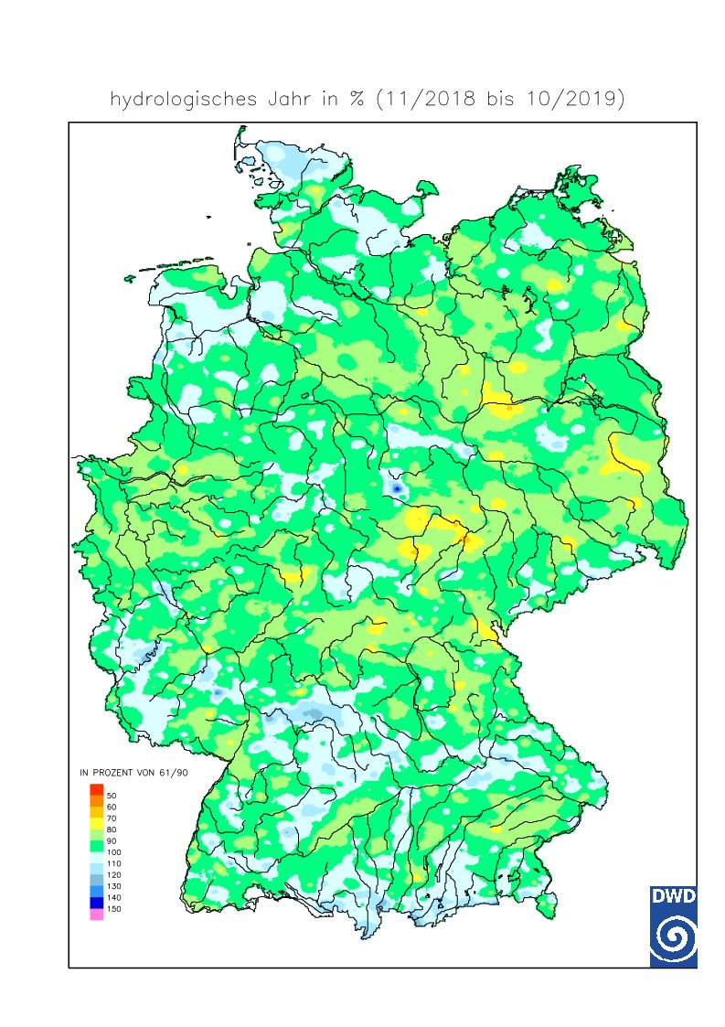 DWD_klima's tweet photo. Die #Hydrologen haben den #Jahreswechsel schon hinter sich gebracht- Rückblick auf hydrologisches Jahr 2018/2019 (Nov. 2018 bis Okt. 2019): fast überall waren Niederschlagsmengen unterdurchschnittlich, aber nicht ganz so trocken wie hydrol. Jahr 2017/2018 (#Referenz 1961-1990) https://t.co/3shfUnMmwr