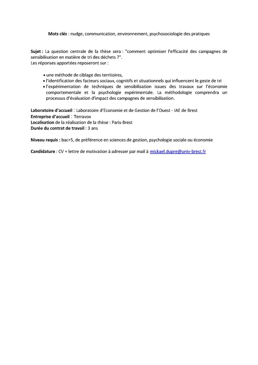 MickaelDupre's tweet photo. Bonjour,
je propose un financement pour une thèse CIFRE (sciences de gestion) portant sur la communication appliquée à la gestion des déchets

#nudge #dechets  #environnement #Recherche  @afm_marketing @IAEFRANCE @riodd_fr @UBO_UnivBrest https://t.co/5W4ZrPU6M3