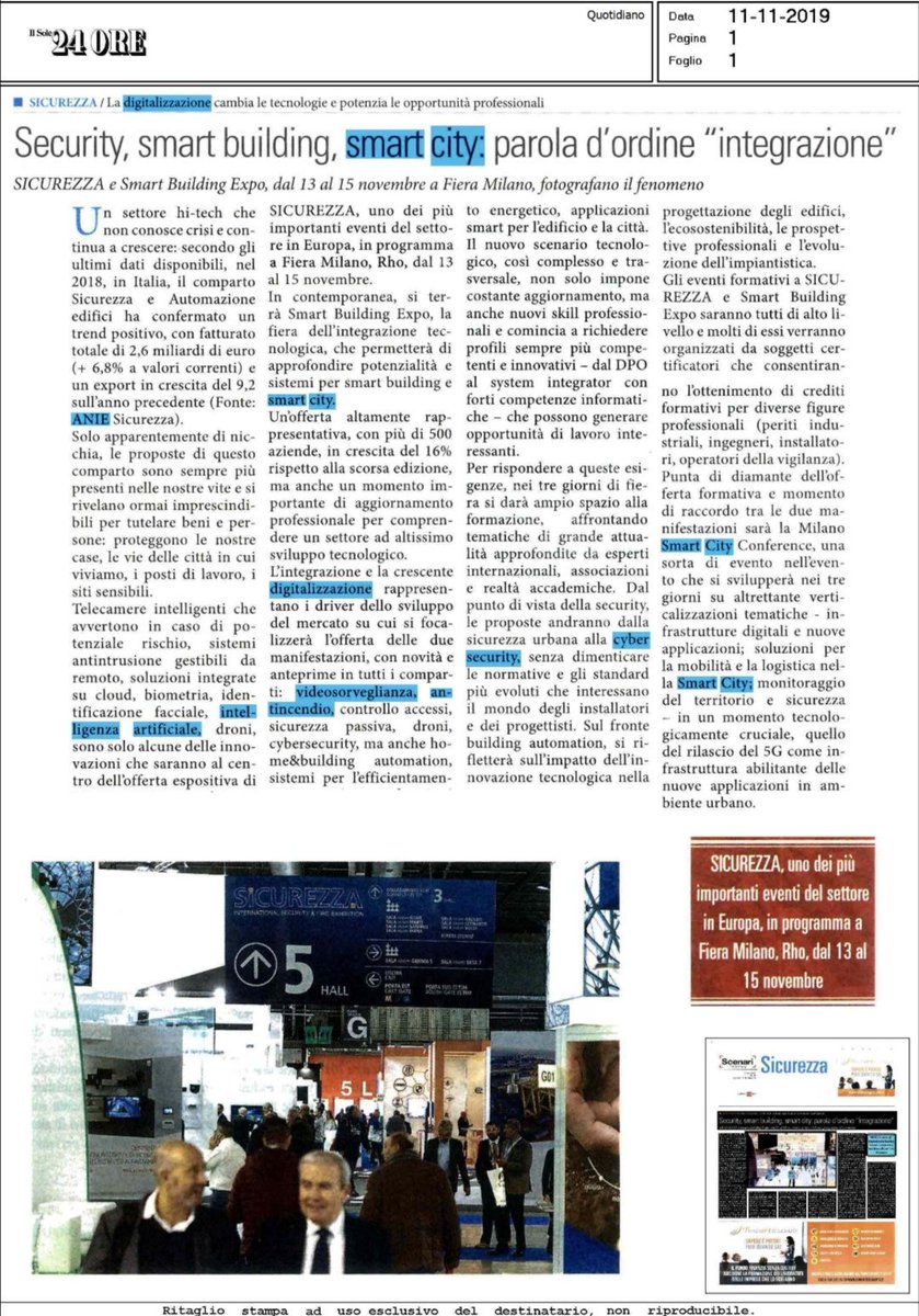 ANIE_Fed's tweet photo. Un settore hi-tech in crescita, un fatturato tot di 2.6 mrd€ (+6,8 %): dati #ANIESicurezza #telecamereintelligenti, #sistemiantitrusione gestibili da remoto,#soluzioniIntegrate su cloud #IoT, #droni: alcune delle #innovazioni a #FieraSicurezza #SmartBuildingExpo @FieraMilanoSpa https://t.co/wWxIEA52Ga