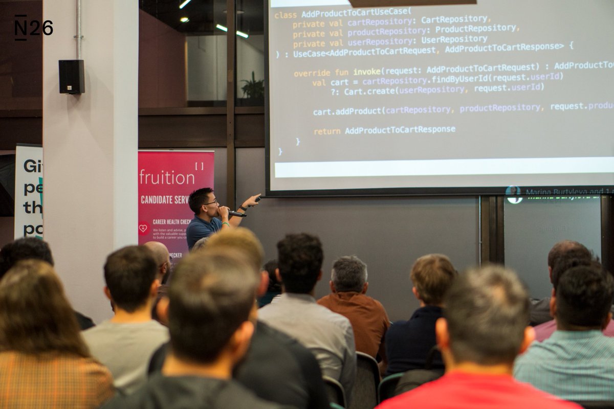 N26Careers's tweet photo. Last week @N26 met @The_JVM_Thing communityπ»Our Software Engineer @boson42 discussed how to naturally befriend #Kotlin and #DDD, while Christian, Sr Java Developer at @gematik1, shed light on how to manage database changes with #Liquibase.
Thank you for joiningβοΈ#Talk26 #n26tech https://t.co/ZFTfF6ZVAM