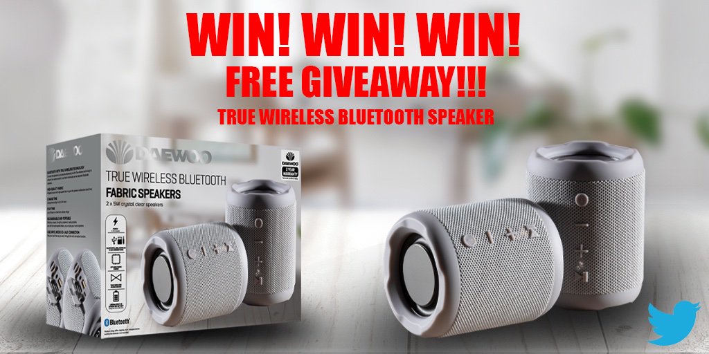 daewoo_audio's tweet photo. To celebrate the launch of our new Twitter account, we are giving you the chance to win a set of our amazing new True Wireless Bluetooth Speakers! Retweet and follow us for a chance of winning. T's &amp; C's apply. #competition #free #giveaway #daewoo_audio https://t.co/2JeZKPULfu