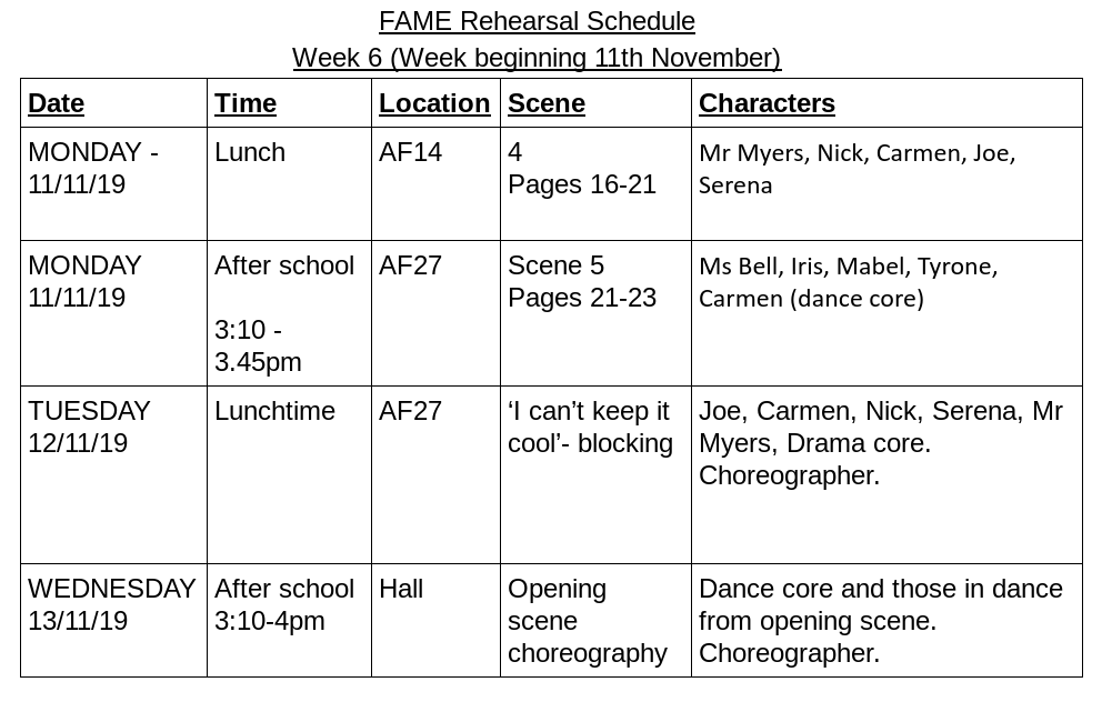 YJBPerform's tweet photo. Week 6 rehearsal schedule #fame #yjbperform @ysgoljohnbright https://t.co/5aaxq8BU11