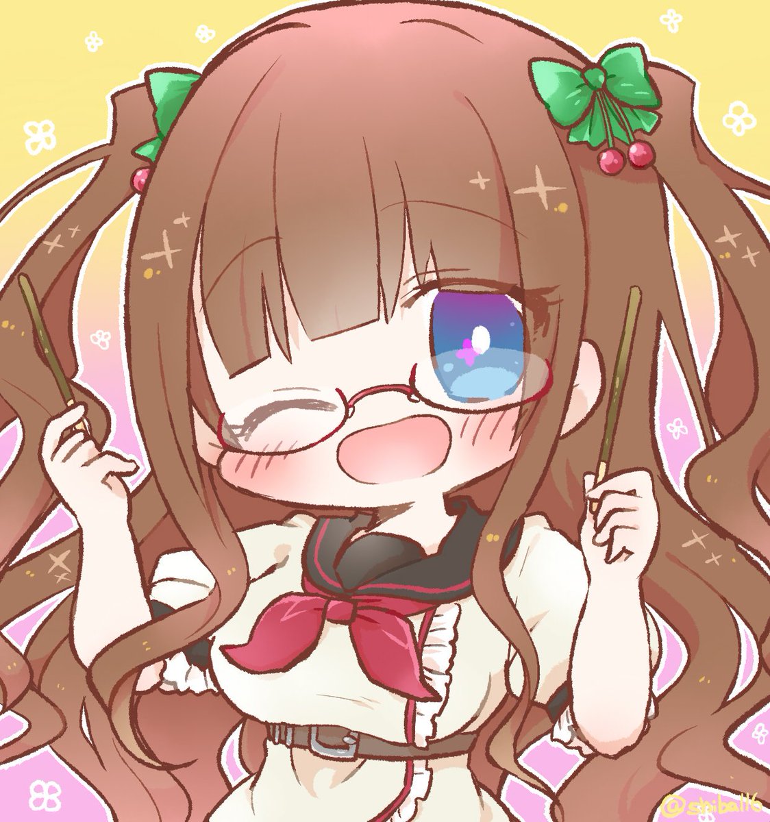 1girl one eye closed solo brown hair blue eyes glasses red neckerchief  illustration images