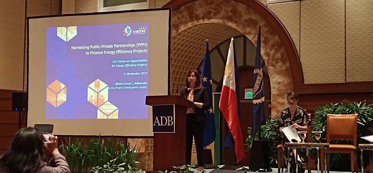 PPP_Ph's tweet photo. PPP Center Director Lerma Advincula presented how PPPs can be harnessed to finance energy efficiency projects to the participants of the LGU Forum on Opportunities for Energy Efficiency Projects held at the Asian Development Bank (ADB) Headquarter on November 11,2019. #LocalPPPs https://t.co/S05XgRlrPu