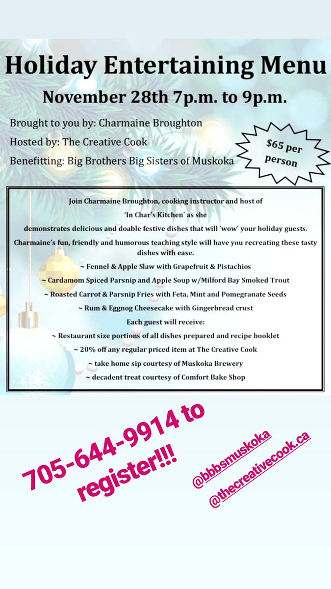 runnercharb's tweet photo. Bracebridge/Muskoka friends and followers...please: retweet or even better...attend!! All funds raised will go directly to @BBBSMuskoka!! Hope to see &amp; feed many of you on Nov 28th!!🎄⛄❄ #letsdothis #cookingclassforacause #community #Muskoka #festivemenu #InCharsKitchen https://t.co/IUTv9wWIoc