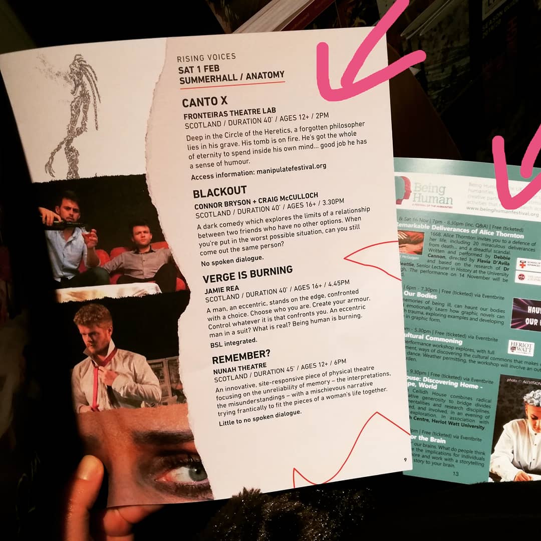 Self-promotion time: my work is featured on TWO of the brochures in the stands around town. #RemarkableDeliverances is coming to the @ScotStoryCentre this week and #CantoX will be at @Summerhallery in February! #beinghumanfestival #manipulatefestival