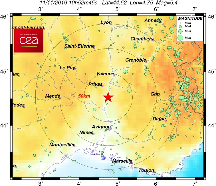 ALERTE - Tremblement de terre de magnitude 5,4 près de Montélimar, fortement ressenti dans la vallée du Rhône (BCSF / CEA). #TremblementDeTerre #Seisme