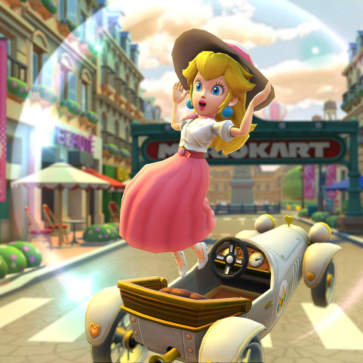 マリオカート ツアー Auf Twitter 真っ白なブラウスに おろしたてのツバ広ハット 可憐な姿のピーチと純白のマシン ホワイトピアレス がファッションの街に消えてゆく スペシャルスキル コインボックス で スタイリッシュにコンボを重ねよう マリオカート