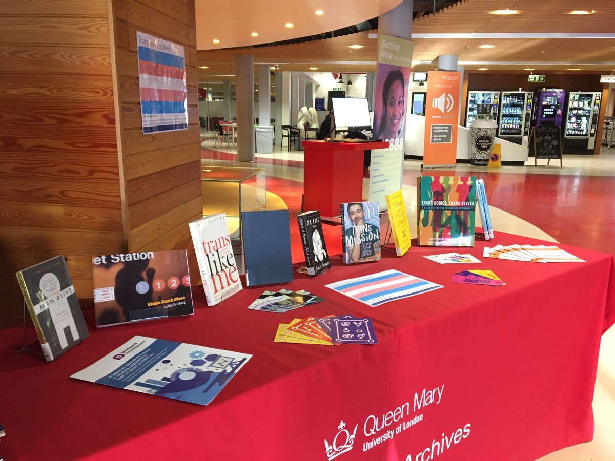 QMUL's tweet photo. Come see the @QMLibrary new additions for Trans Awareness Week 2019 in the library foyer now! #TransAware https://t.co/R6l2ZhifWz