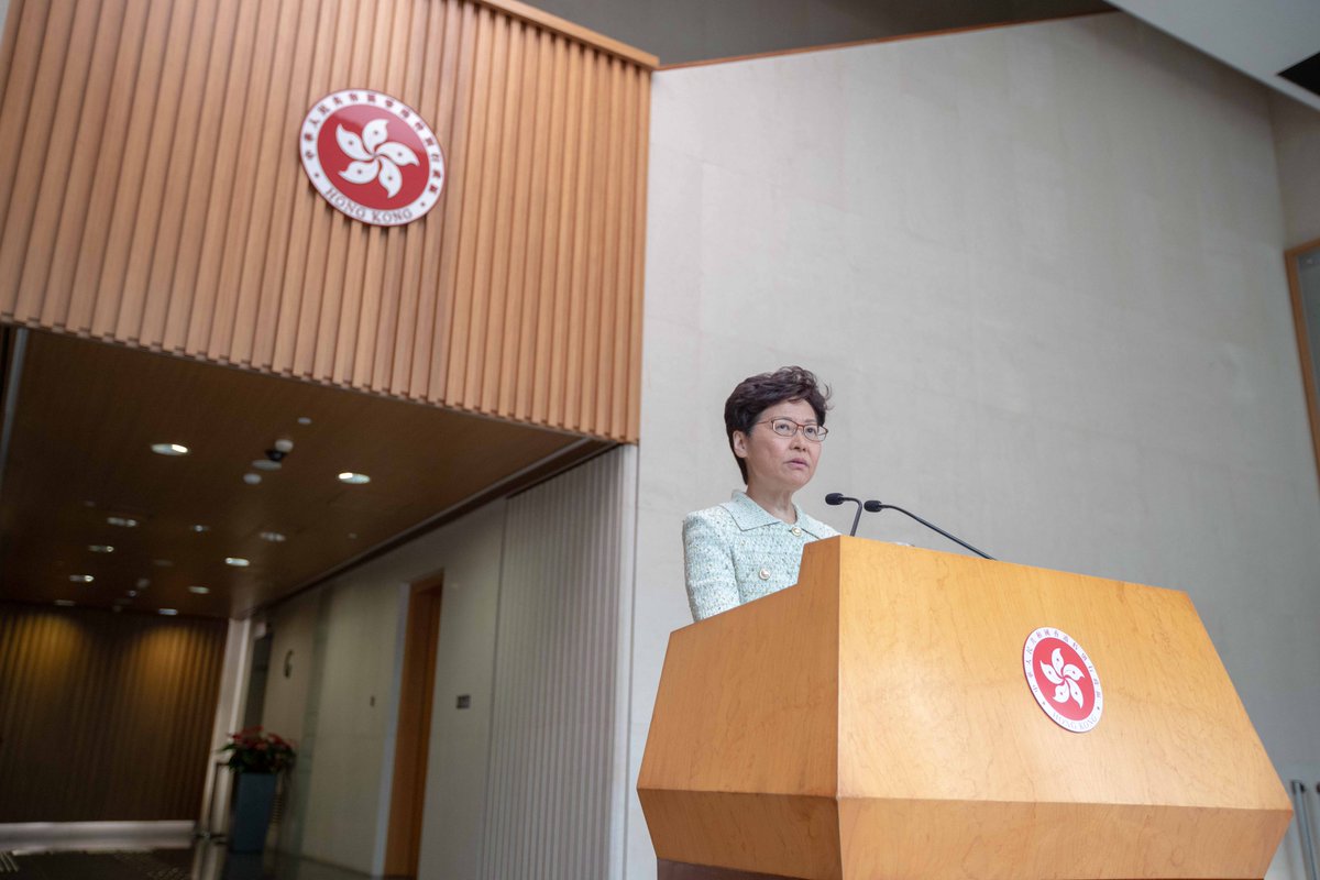 PDChina's tweet photo. "Setting fire on people is totally inhuman. And nobody should tolerate such behavior," criticized #HKSAR chief executive Carrie Lam at a media press on rioters setting a man on fire on Monday. (file pic) https://t.co/3rhMEoIARF
