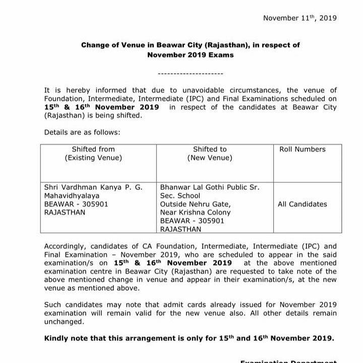 ICAI Important Announcement. Change in Venue of examination at Beawar City at Rajasthan.