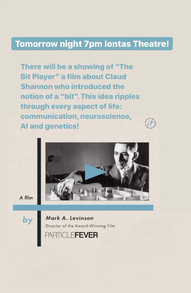 MaynoothCAO's tweet photo. .@MaynoothUni and @MU_MathsStats are will be hosting Claude Shannon: The Bit Player Movie! 🍿 7pm Iontas Theatre. Event is free and open to the public more info here: https://t.co/HyshLCvbAI @ScienceWeek #ScienceWeek19 #KnowNoBounds https://t.co/1ZnDW9JDfd