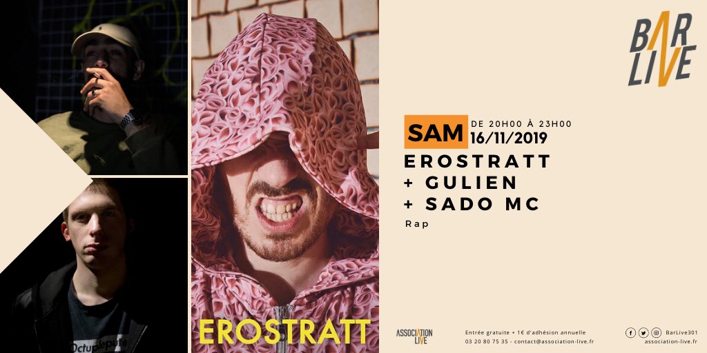 BarLive301's tweet photo. Samedi, plateau #rap dès 20h avec Erostratt, @Gulien_officiel et @SadoMc00 ! https://t.co/kWNP4yWwA9