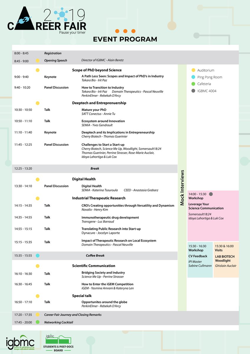 Hello everyone!!!
Here is the program for the #SPBCareerFair that will take place on the 13th of November at #IGBMC.
Our team is looking forward to see you all in two days.

#PauseYourTimer