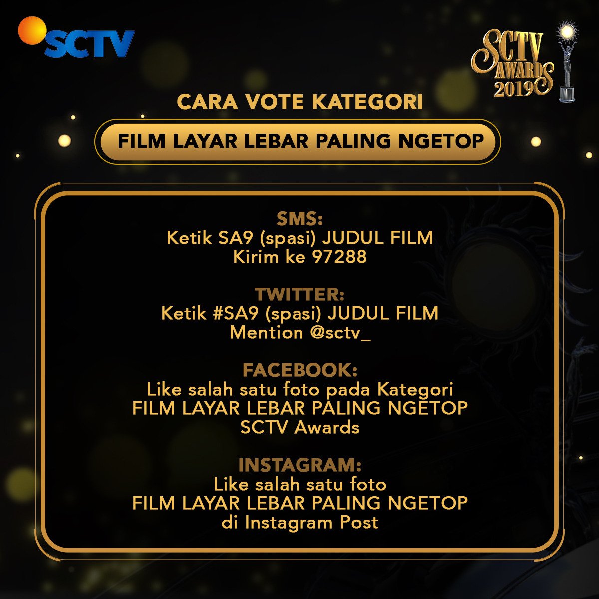 SCTV's tweet photo. Sebagai warga Indonesia, kita harus selalu mendukung karya anak bangsa termasuk #FilmLayarLebar Indonesia.

Berikan suaramu untuk #VoteSA2019 Kategori Film Layar Lebar Paling Ngetop dengan cara ketik: #SA9(spasi)Judul Film

Contoh: #SA9 Promise https://t.co/Q6kS8kDqi3