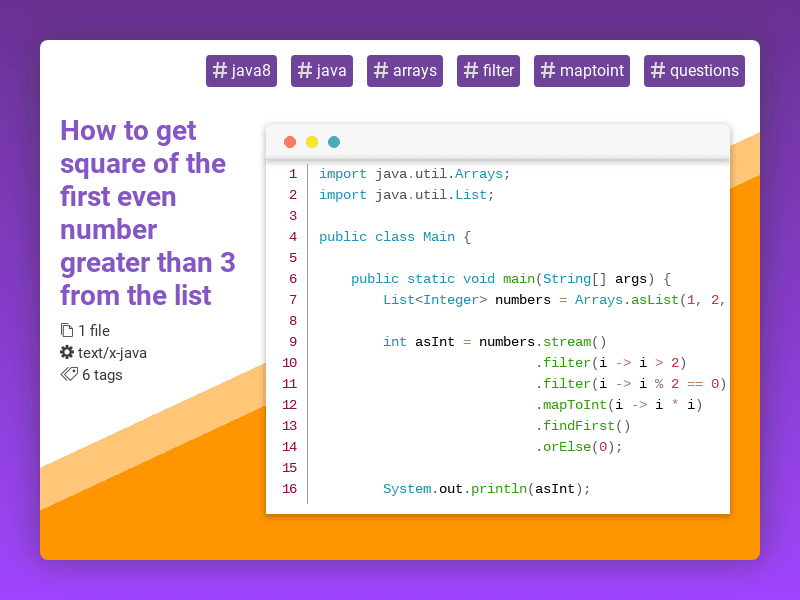 CodeRatings's tweet photo. How to get square of the first even number greater than 3 from the list #java8 #java #arrays #filter #maptoint #questions #coderatings https://t.co/Zc5ZANrRge https://t.co/EAMtuaQZ0u