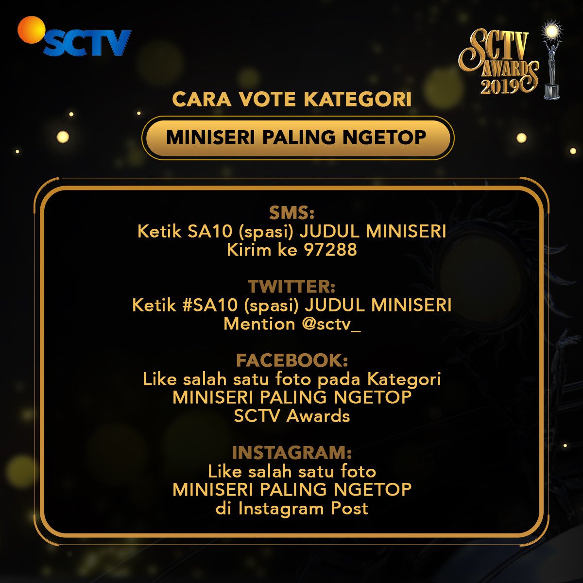 SCTV's tweet photo. Ternyata, cerita yang ditayangjkan di miniseri juga bisa membekas di hati penonton, Cerita dengan judul apa nih, yang paling berkesan buat kamu?

Yuk, #VoteSA2019 Kategori Miniseri Paling Ngetop dengan cara ketik: #SA10(spasi)Judul Miniseri.

Contoh: #SA10 Topeng Kaca. https://t.co/OnagwqZZcE