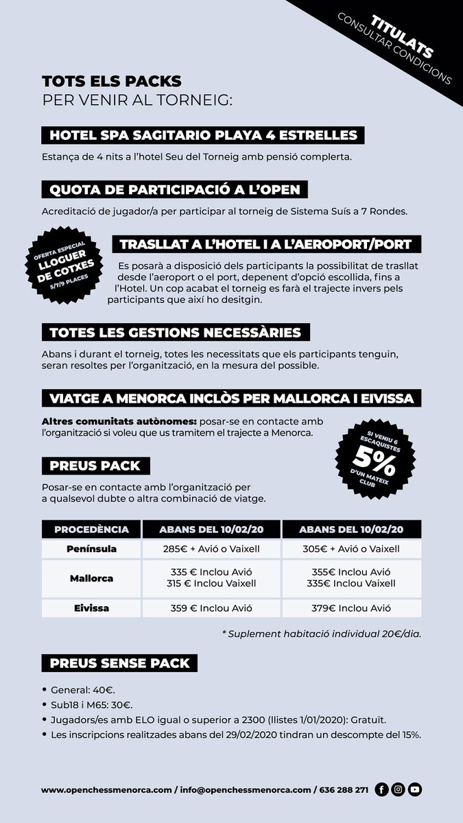 Aquí podéis ver todos los packs que ofrecemos para poder venir en el torneo. No os lo podéis perder! 

Here you can see all the packs we offer to be able to come to the tournament. You can't miss it!