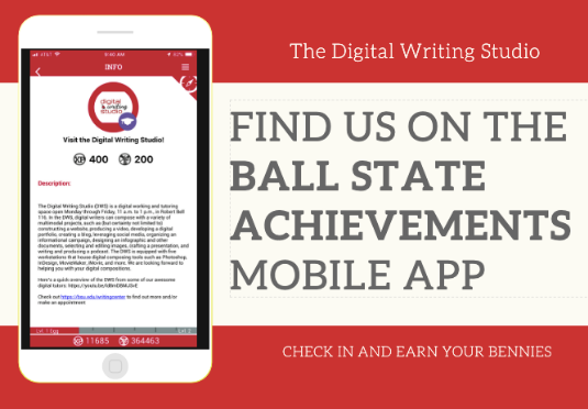 bsuwrites's tweet image. Got Bennies? First- and second-year students can check-in at the Digital Writing Studio and earn Bennies on the Ball State Achievements App! Stop in💃 Earn Bennies💵 Get your digital projects done💻Make appointments at bsu.edu/writingcenter #bsuwrites @bsuenglish @BallState_WP