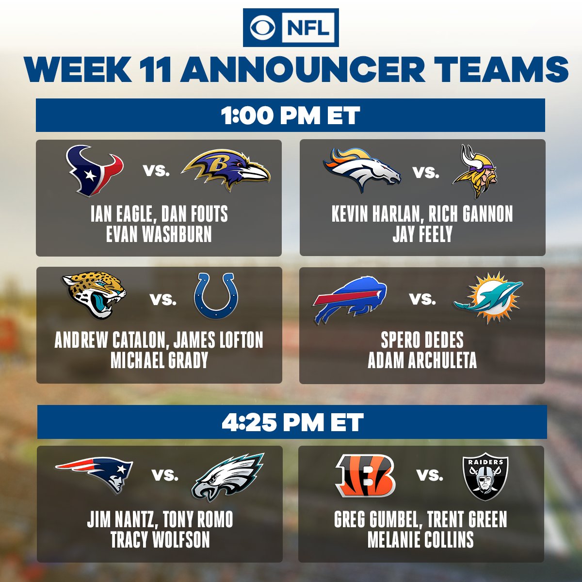 CBS Sports PR on X: 'Here are THE NFL ON CBS Announcer Teams for Week 11 on  November 17  / X