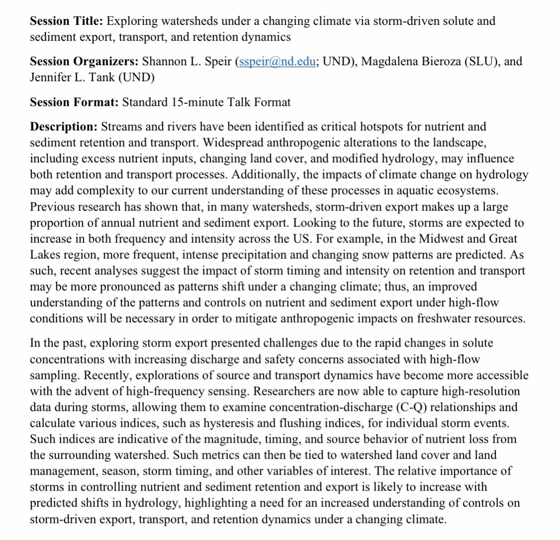 Research #storms, #hysteresis, &amp; solute export??☔️ 

Submit to our #ASLOSFS2020 special session on storm-driven watershed transport dynamics ⛈ 

We’ve got an awesome line up of speakers so far! Who else is in? 

Please RT!

<a href="/jenniferltank/">jennifer tank</a> <a href="/sfs_src/">SFS Students</a> <a href="/BenthosNews/">Freshwater Science</a> <a href="/aslo_org/">ASLO</a>