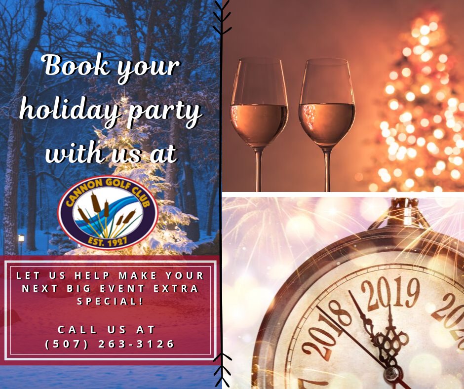 cannongolfclub's tweet photo. Are you looking to make your next holiday event a big hit?! Then book your party at Cannon Golf Club! Wow your guests with comfortable amenities and delicious offerings.  For more information, please give us a call at (507) 263-3126. https://t.co/kB8roN5mcv