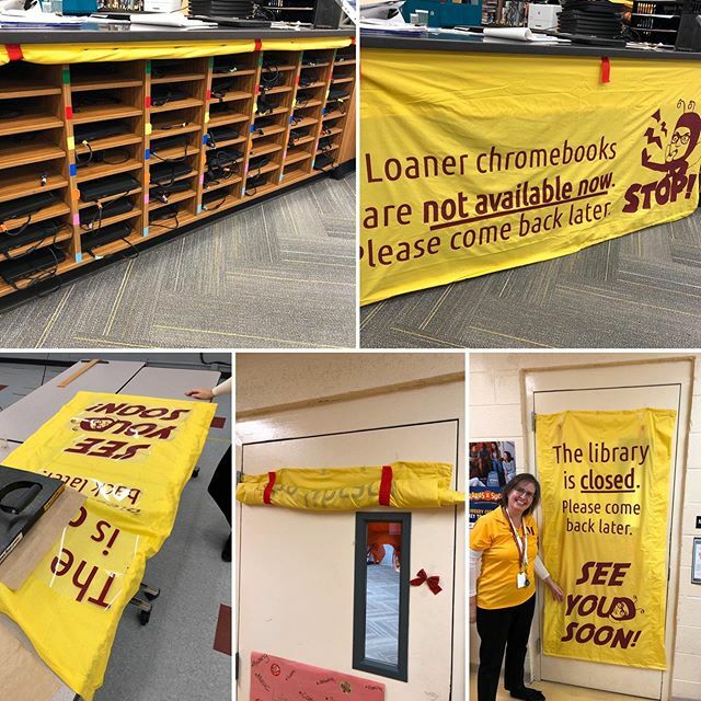 MrErdreich's tweet photo. #projectoftheday #madisonmakers fabric banners to cover the door and chrome book charging station in our #library for our specialist @KarenBessin #vinyltransfer #graphicdesign #problemsolving https://t.co/XAkYObpnQ4 https://t.co/vkctqeNnkE