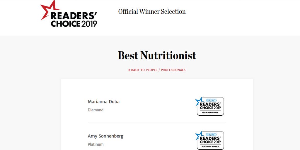 I am deeply honoured for being selected the Diamond Winner Nutritionist by the Waterloo Region Record's Reader's Choice 2019. Thank you to everyone who voted for me!

#nutritionalimpact @thesageclinic #holisticnutrition #kwawesome #kitchener #livecellanalysis #GAPSpractitioner
