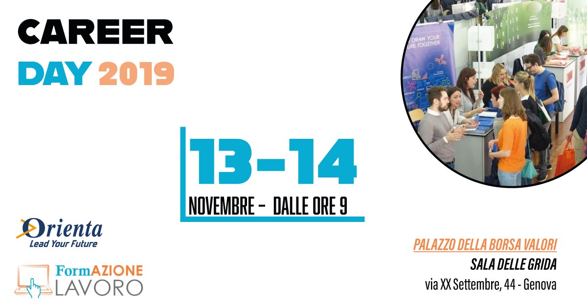 Orienta SpA (@orientaspa) on Twitter photo Dopo il successo delle precedenti edizioni torna l’International Career Day, la più grande occasione di incontro tra domanda e offerta di lavoro in Italia.
I nostri colleghi vi aspettano il 13 e 14  Novembre📅 al Palazzo della Borsa Valori a Genova!!👨💼💼 Dopo il successo delle precedenti edizioni torna l’International Career Day, la più grande occasione di incontro tra domanda e offerta di lavoro in Italia.
I nostri colleghi vi aspettano il 13 e 14  Novembre📅 al Palazzo della Borsa Valori a Genova!!👨💼💼