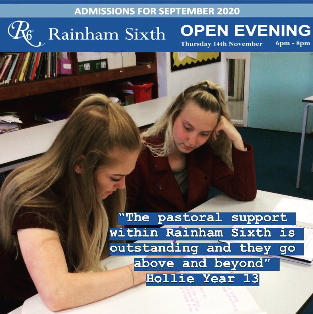 RainhamGirls's tweet photo. Join us for our Rainham Sixth Open Evening on Thursday 14 November. No booking required, come along and find out about the many courses we are offering. Full course information is also available on our website https://t.co/JYVEl7G9bh #RainhamSixth https://t.co/itL4iX92BS