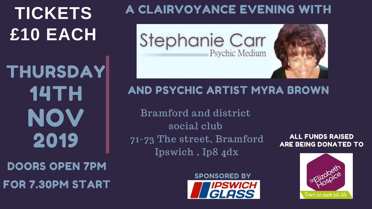 IpswichGlass's tweet photo. We still have a few tickets available for Thursday evening. If you would like to purchase any please email - tania@ipswich.glass @StElizabethHosp #ipswich #suffolk #charity #psychic #stephaniecarr https://t.co/FslZ3iFlne