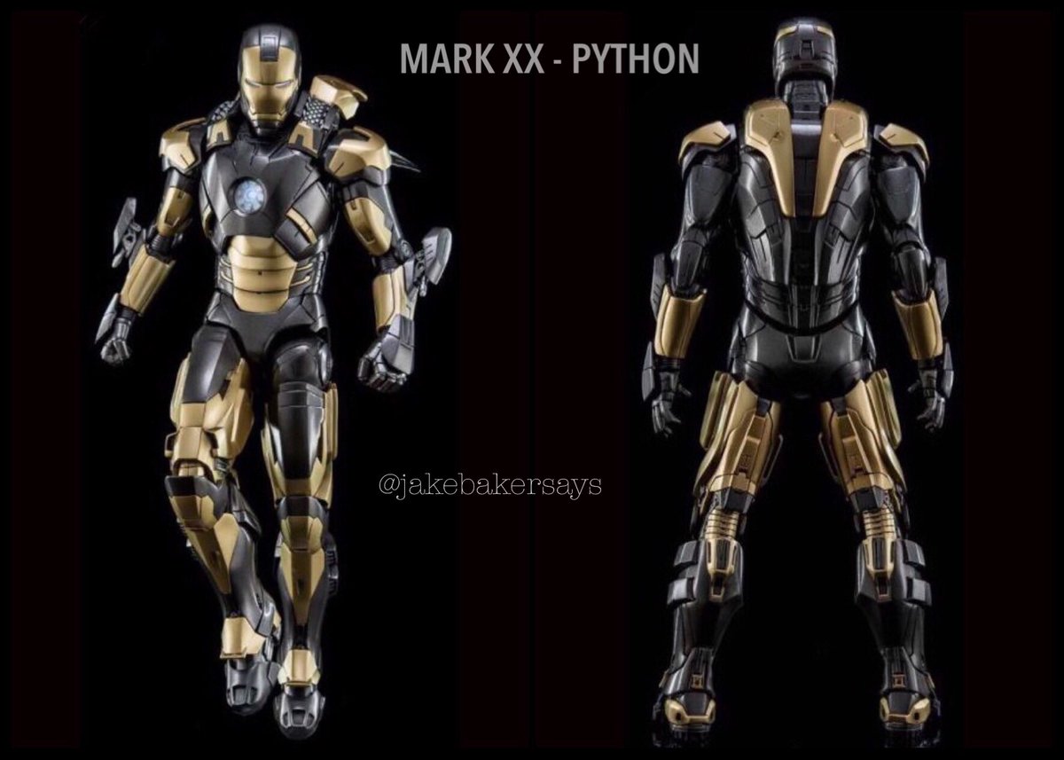 MARK XX - Python- Fully Loaded Long-Distance Prototype Suit- Flight System was redesigned to be more effective and allowed for longer flight distances- lighter than average suits, built with a thin but very strong titanium plating that allows for increased flight distance