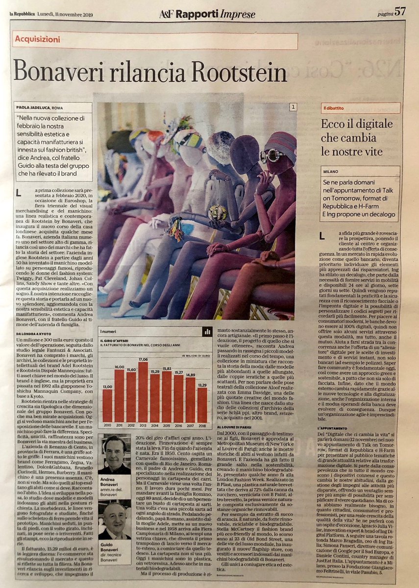 StudioFantozzi's tweet image. @StudioFantozzi con #Bonaveri, leader nel settore dei manichini di design, nell'acquisizione dello storico marchio inglese #Rootstein. Nel team Andrea Montanari, Edoardo Boggi e Filippo Foresti. Su @RepubblicaAF di oggi