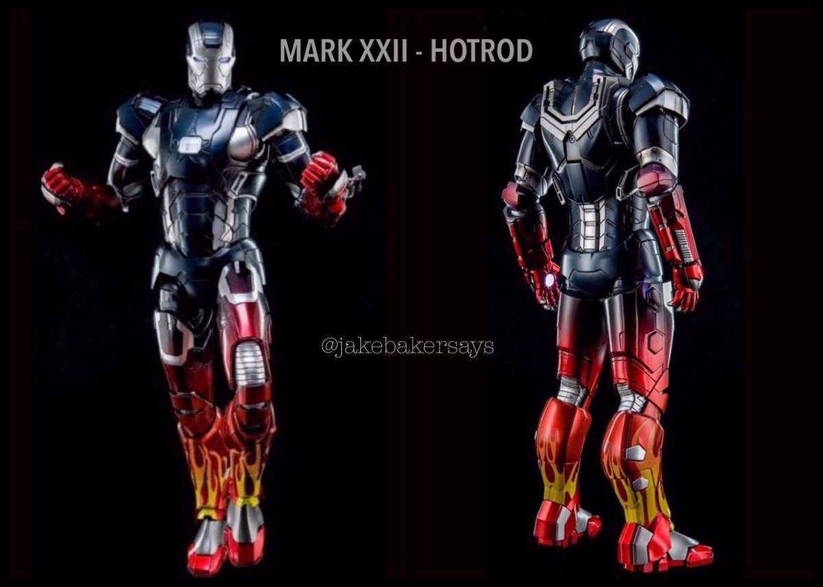 MARK XXII - Hotrod- War Machine 2.0 Prototype Suit- same protection of the original at 1/3 the weight- more versatile in the air, allowing the armor to fly faster and dodge objects mid flight- as a prototype it has no weapons system except for the Repulsors and Unibeam