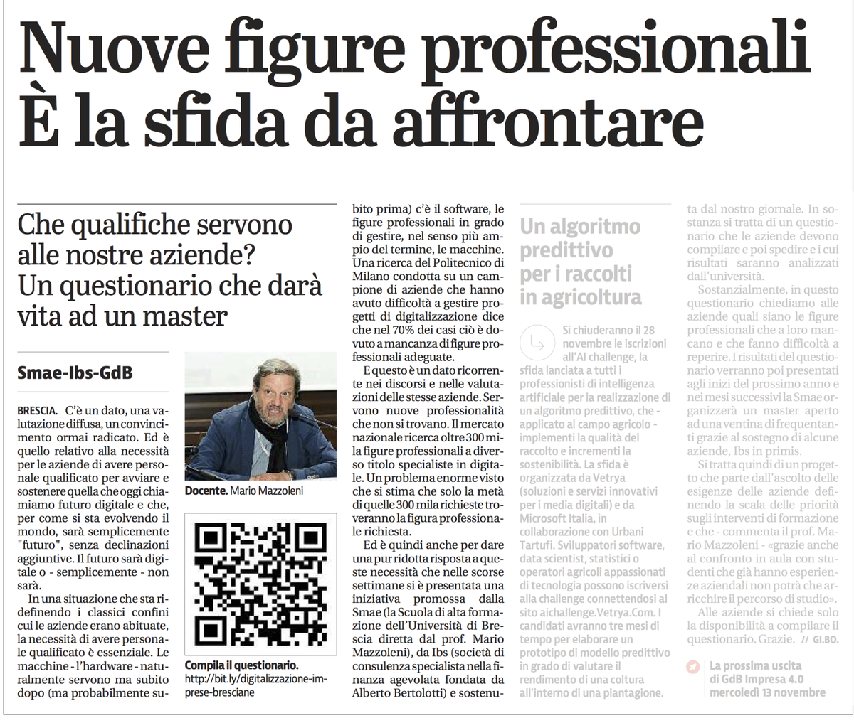 Sul <a href="/GdB_it/">Giornale di Brescia</a> un articolo che parla del questionario 4.0 creato in collaborazione con <a href="/unibs_official/">Università degli Studi di Brescia</a>! Quali figure mancano alle aziende nell'ambito dell'Industria 4.0? Aiutaci a trovare una risposta compilando il questionario a questo link: bit.ly/36SH0v5  #Industry40