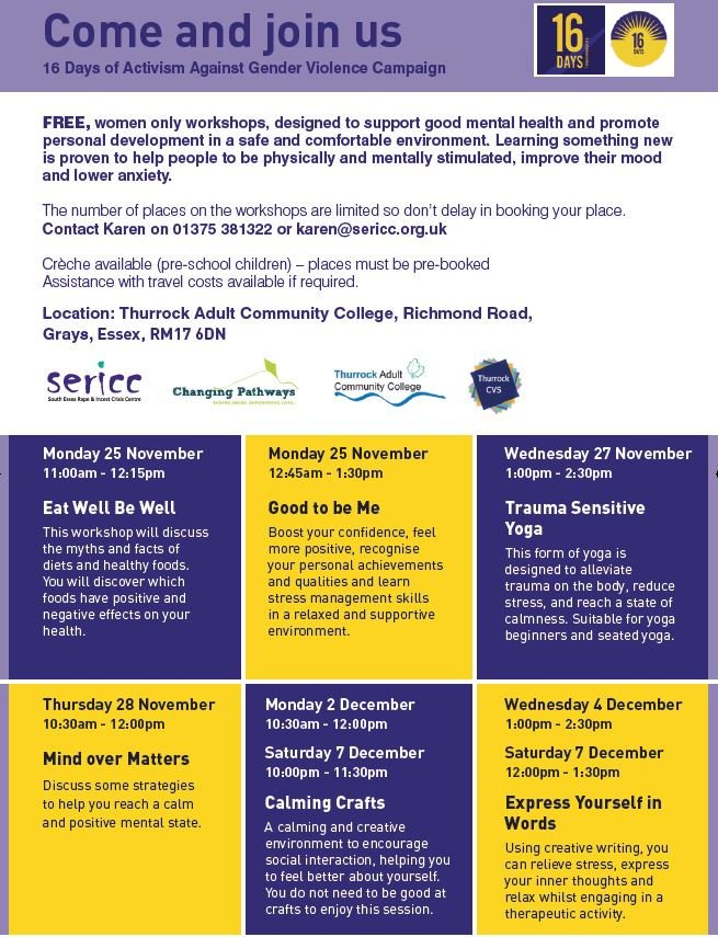 Synergy_RCC's tweet photo. #16DaysOfActivism begins soon. Our sister centre #SERICC are offering women only well-being sessions. Find the details below. For more info please contact the office. https://t.co/ZBhMT5HYj3