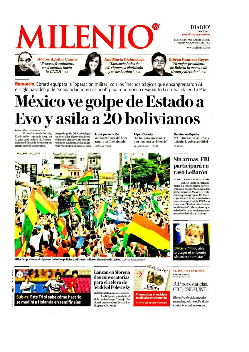 #Las8Columnas #Milenio: México ve golpe de Estado a Evo y asila a 20 bolivianos