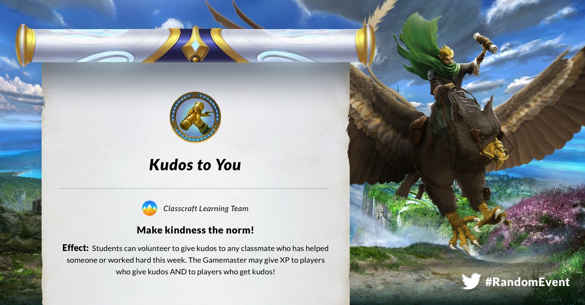 classcraftgame's tweet image. Get your #students warmed up for #WorldKindnessDay (Nov. 13)! Spread the 🥰 with the #RandomEvent "Kudos to You." 

Find &amp;amp; share ideas in our community forums: buff.ly/2AujVxw