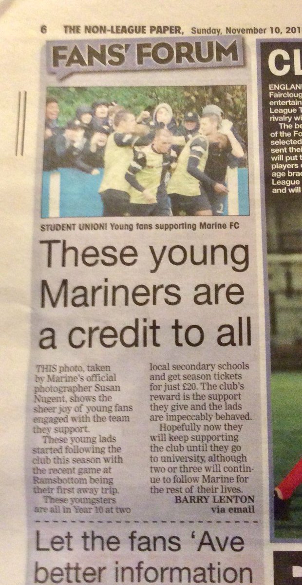 Tremendous to see this letter from @BarryLenton in Sunday's @NonLeaguePaper about our young supporters @MarineafcFanzo1 and the photo I took of them celebrating a @MarineAFC goal at Ramsbottom last Saturday. @NonLeagueCrowd @CrosbyVillage @CrosbyBubble @L22_Waterloo