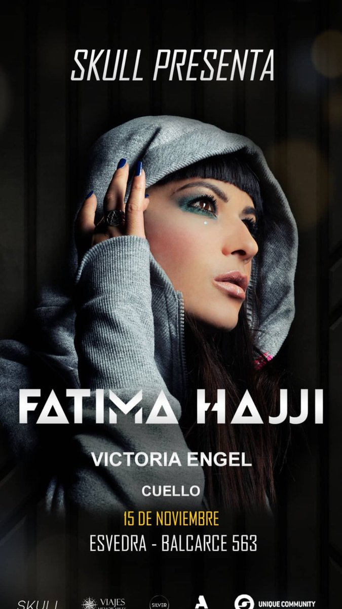 Este viernes 15 de noviembre Skull Producciones presenta a la dj <a href="/fatimahajji/">Fatima Hajji</a> junto a <a href="/victoriaengel_/">Victoria Engel</a>  y <a href="/cuelloagustindj/">CUELLO</a>  En EsVedra🖤💣  Una noche a puro techno, te lo vas a perder? 💃🏻
Para conseguir tu entrada entra al perfil de instagram.com/skull.producci…