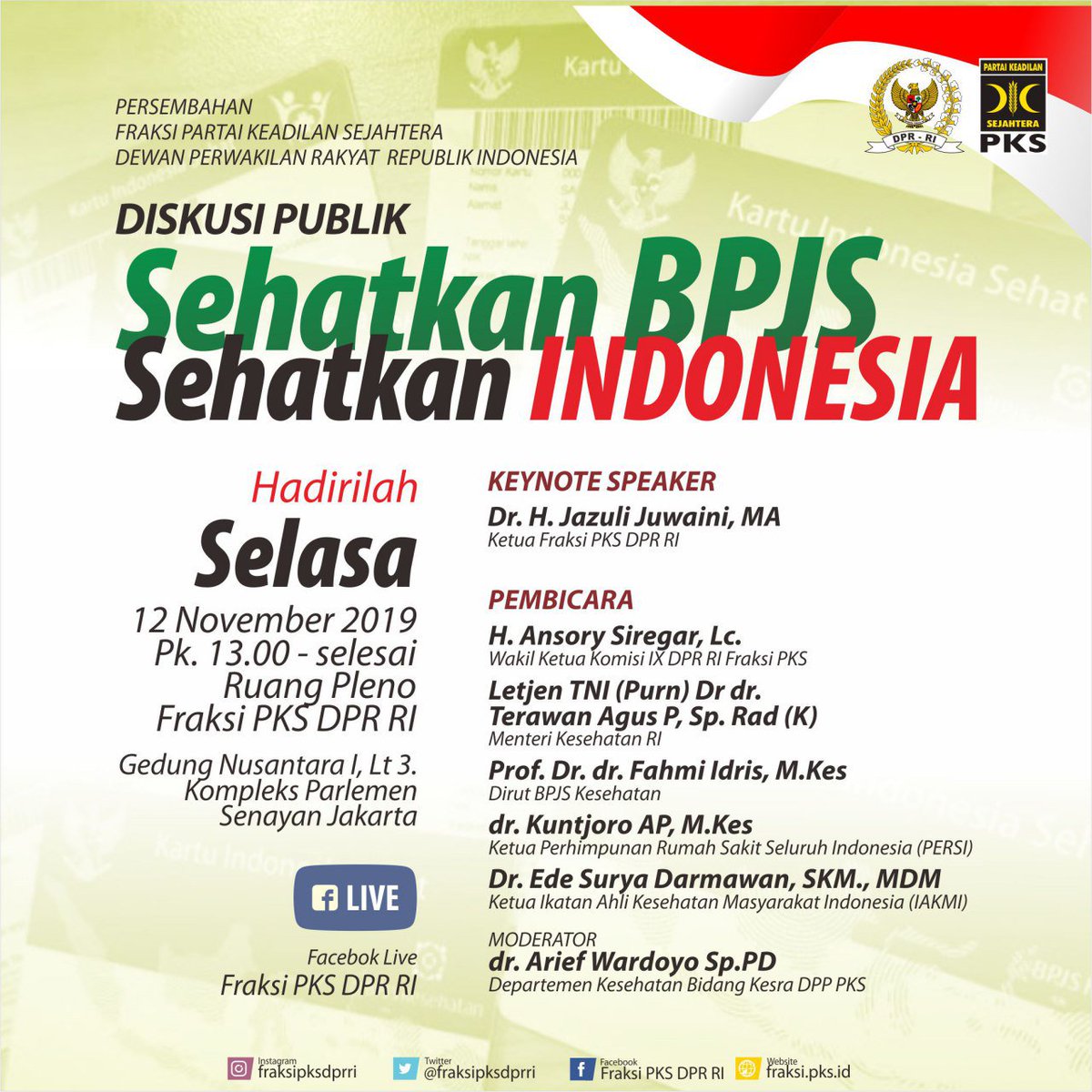 netty_heryawan's tweet photo. Memaknai Hari Kesehatan, 12 November 2019, @FPKSDPRRI mengadakan #BPJSFGD dg tema "Sehatkan BPJS, Sehatkan Indonesia" Hadirkan @KemenkesRI @BPJSKesehatanRI @JazuliJuwaini @ansorysiregar sbg Narasumber. Ini menjadi upaya PKS hadirkan #SOLUSIBPJS @lediahanifa  @hnurwahid https://t.co/8sJWNndu1D